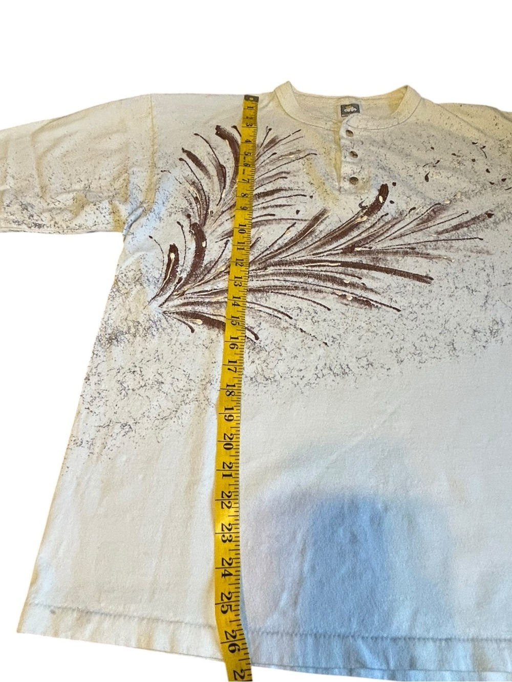 Men's Cream Long-Sleeve Henley with Brown Feather Graphic - Picture 5 of 14